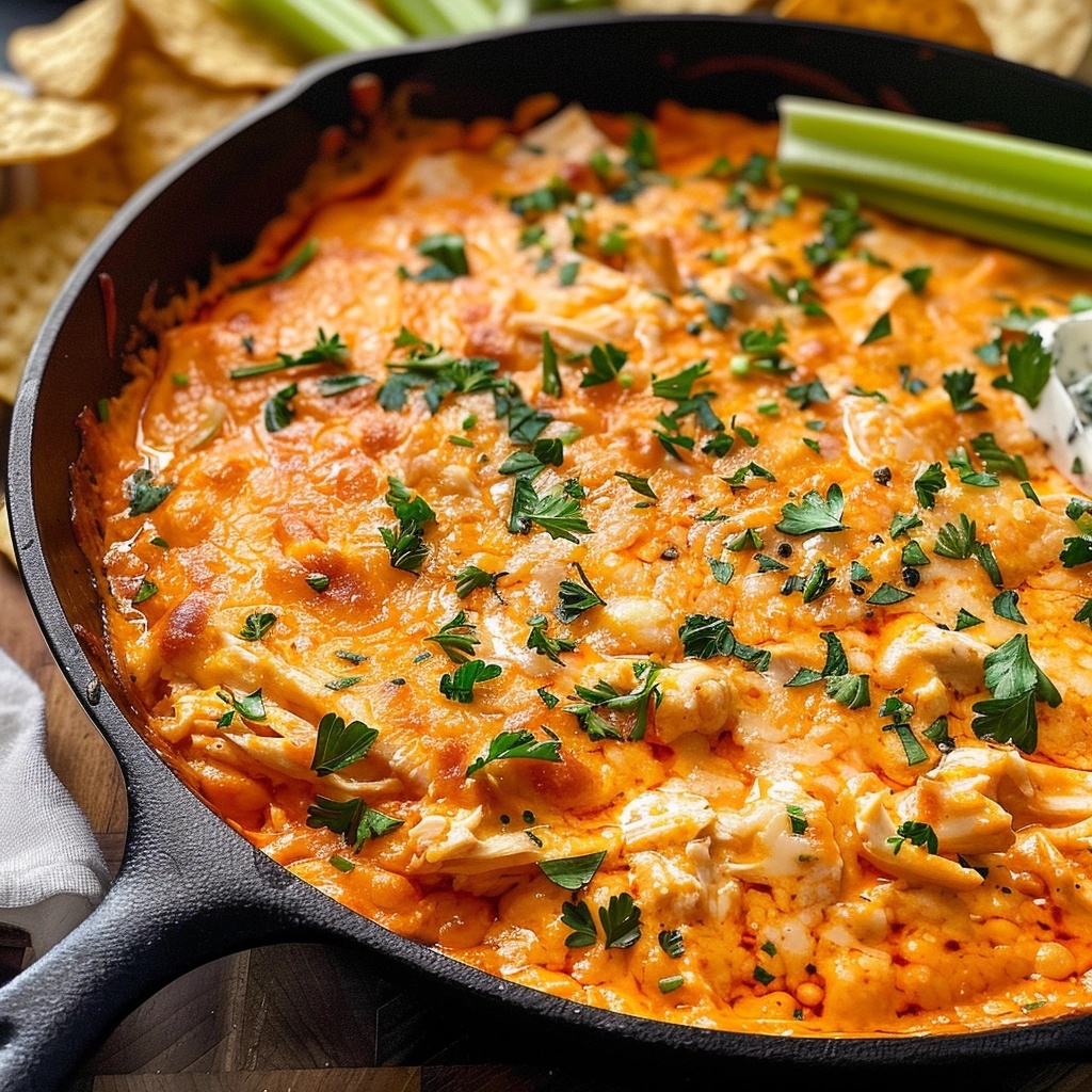 creamy buffalo chicken dip, garnished with green onions, served with crackers.