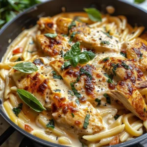 Close-up of cheesy chicken pasta in a bowl, garnished with basil and cherry tomatoes.