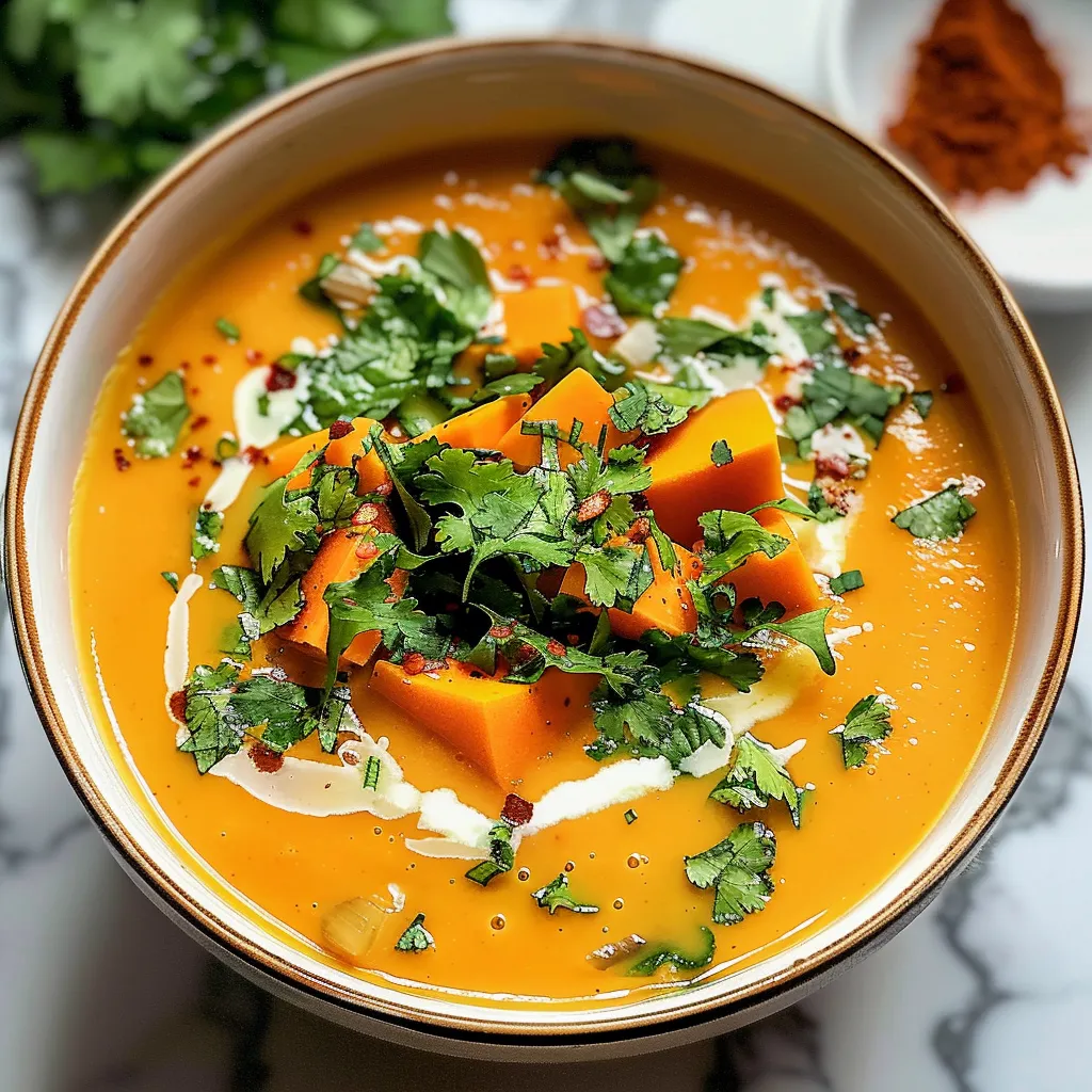 Overhead close-up of a bowl of creamy butternut squash and sweet potato soup, garnished with parsley and a swirl of cream.