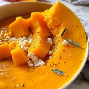 Bowl of creamy butternut squash soup garnished with feta cheese and sage.