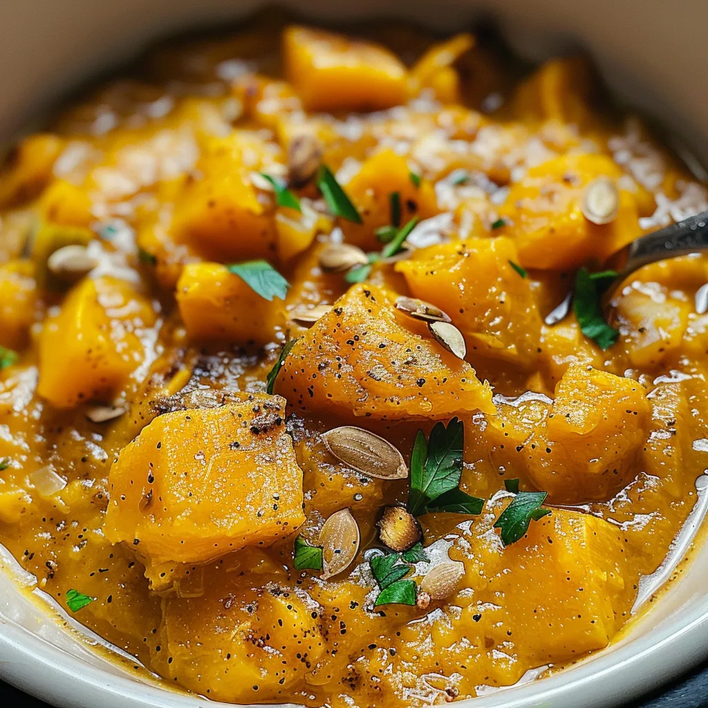 Creamy vegan butternut squash soup topped with toasted butternut squash croutons and a swirl of cream.