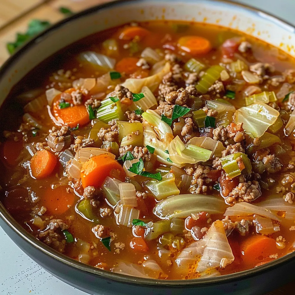 A bowl of hearty cabbage soup with carrots, corn, and onions, garnished with fresh parsley.