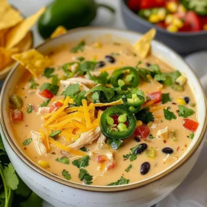 Creamy chicken tortilla soup in a bowl with tortilla chips.