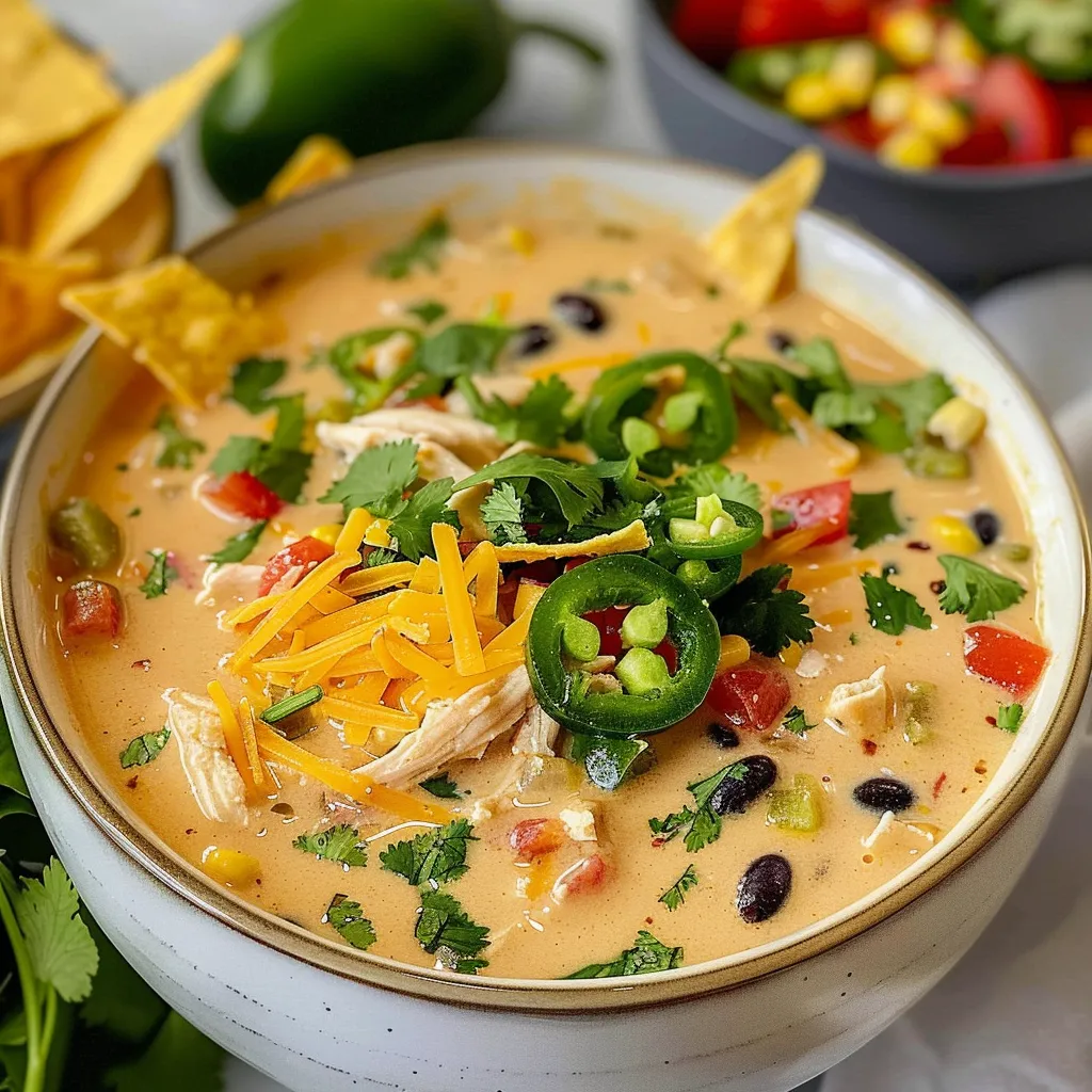 Creamy chicken tortilla soup in a bowl with tortilla chips.