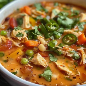 Bowl of chicken tortilla soup garnished with tortilla chips and cilantro.
