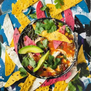 A bowl of chicken tortilla soup garnished with avocado, cilantro, and lime wedges, surrounded by tortilla chips.