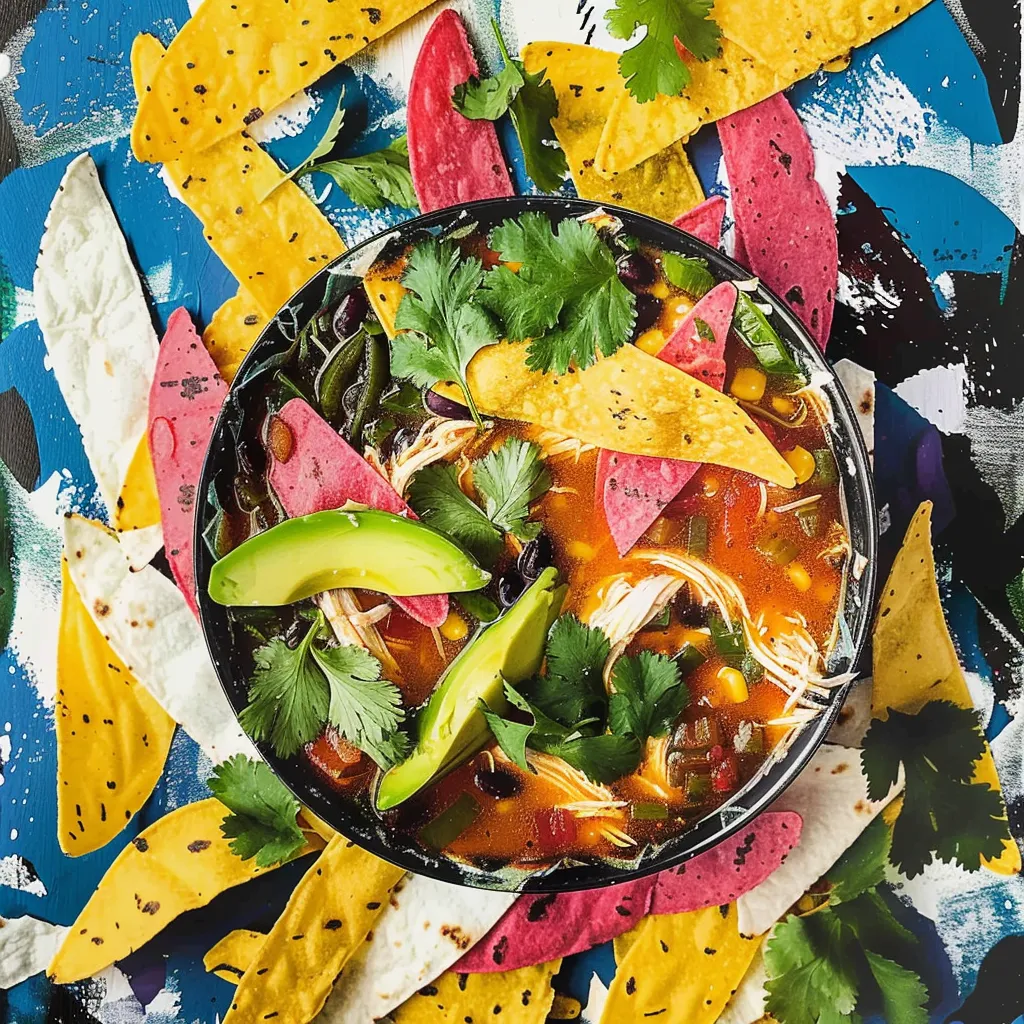 A bowl of chicken tortilla soup garnished with avocado, cilantro, and lime wedges, surrounded by tortilla chips.