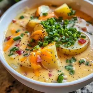 Creamy potato soup with red and yellow potatoes in a white bowl.