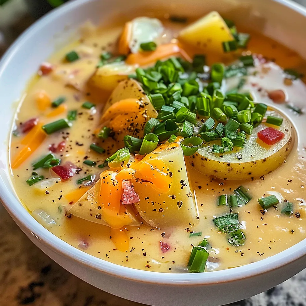 Creamy potato soup with red and yellow potatoes in a white bowl.