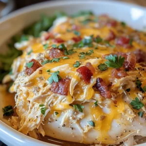 Close-up of creamy ranch chicken in a crockpot, topped with shredded cheese and parsley.