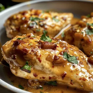 Creamy Crock-Pot chicken breast in a savory sauce, garnished with herbs.