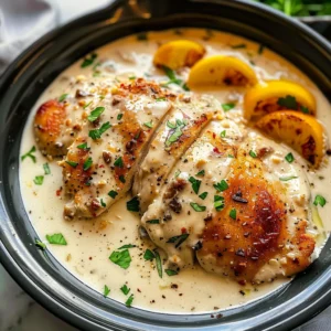 Creamy garlic parmesan chicken breast in a slow cooker, garnished with lemon slices, tomatoes, and basil.