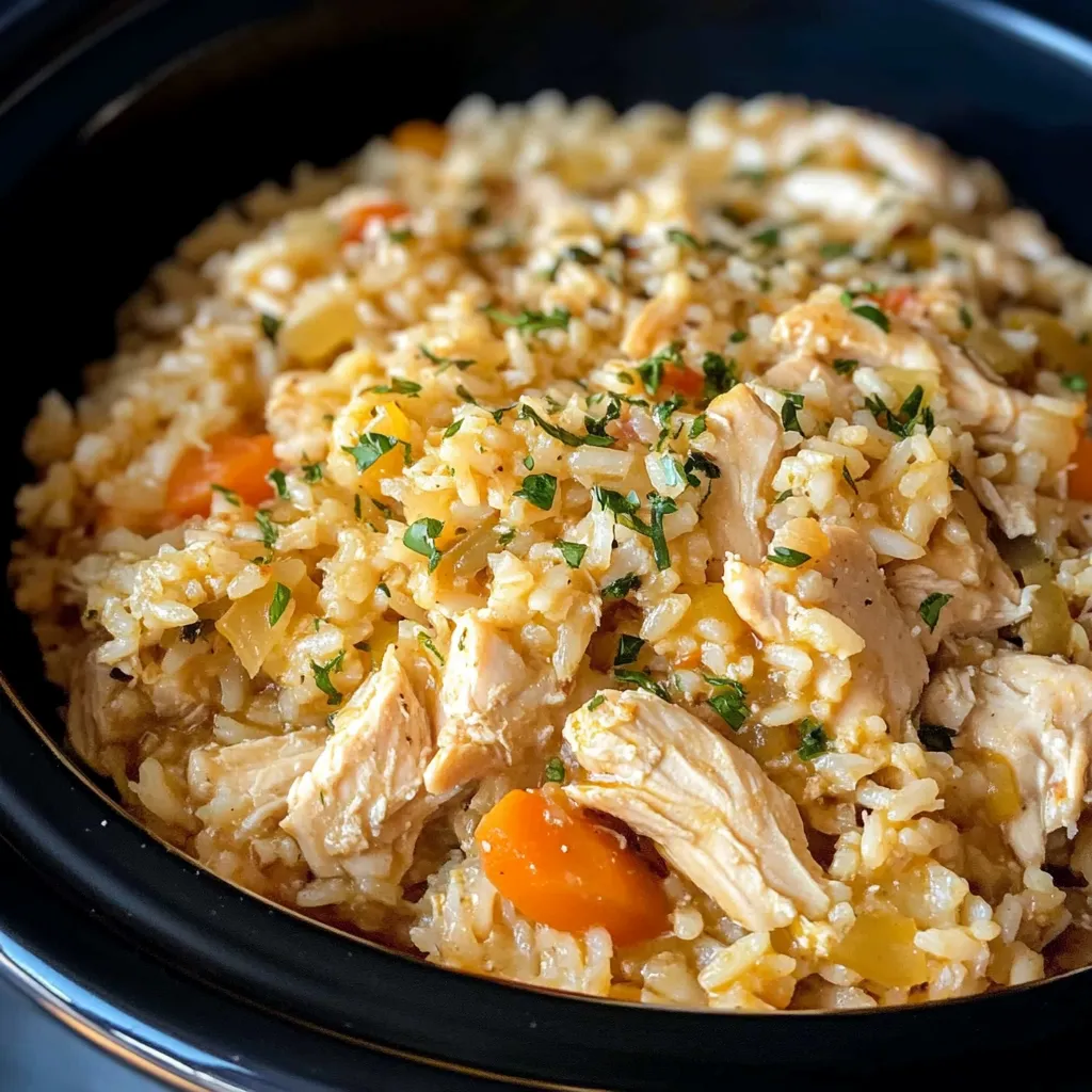 Creamy Crock Pot Chicken and Rice topped with shredded cheese and parsley.