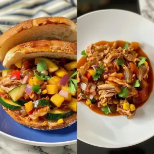 Three images showing variations of slow cooker BBQ pulled chicken: in a bowl, in lettuce cups, and on baked beans.