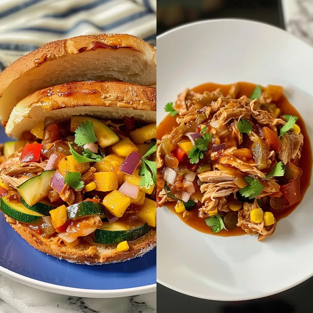 Three images showing variations of slow cooker BBQ pulled chicken: in a bowl, in lettuce cups, and on baked beans.