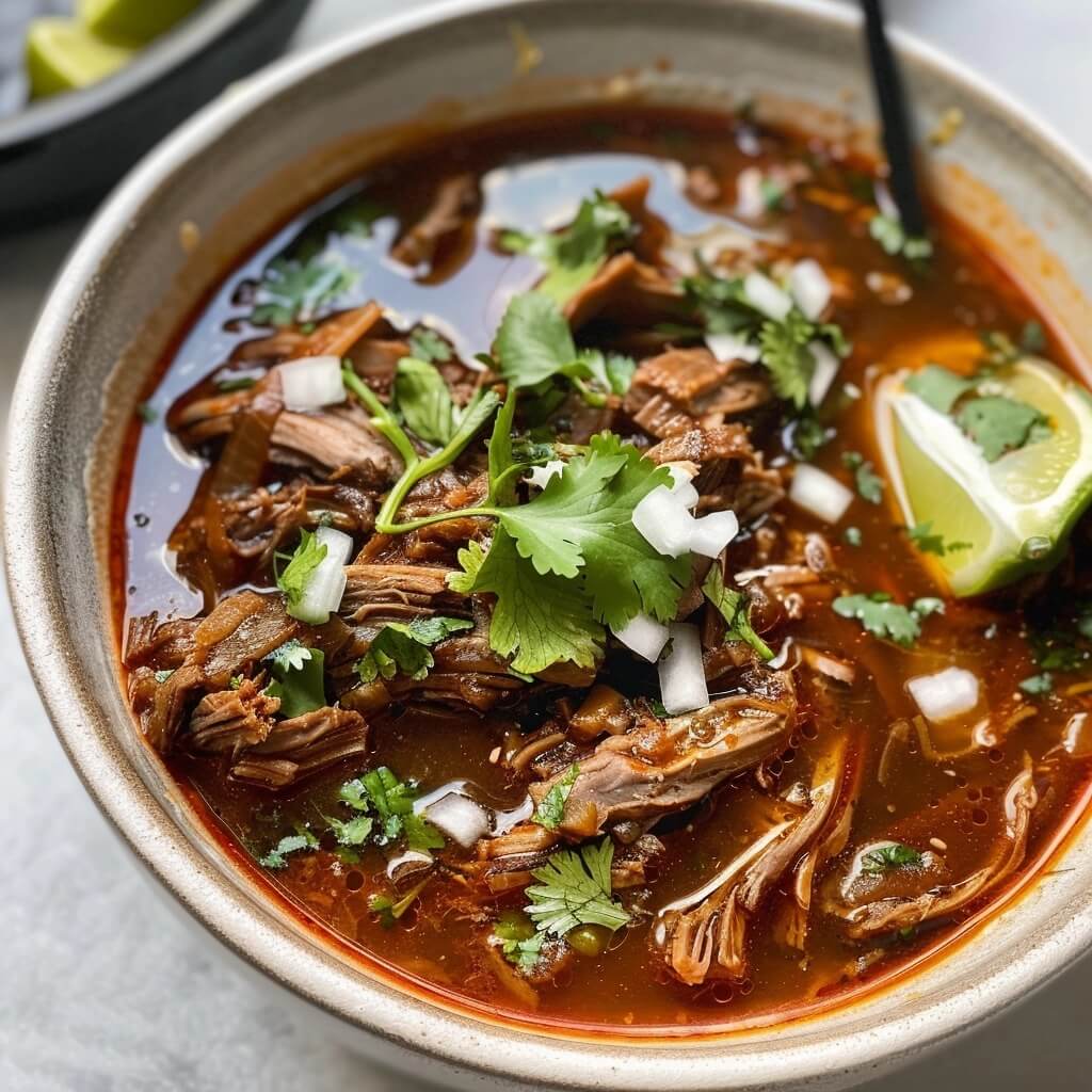 Close-up of a bowl of deeply colored, shredded beef birria in a flavorful broth, garnished with fresh cilantro, diced white onion, and a lime wedge.